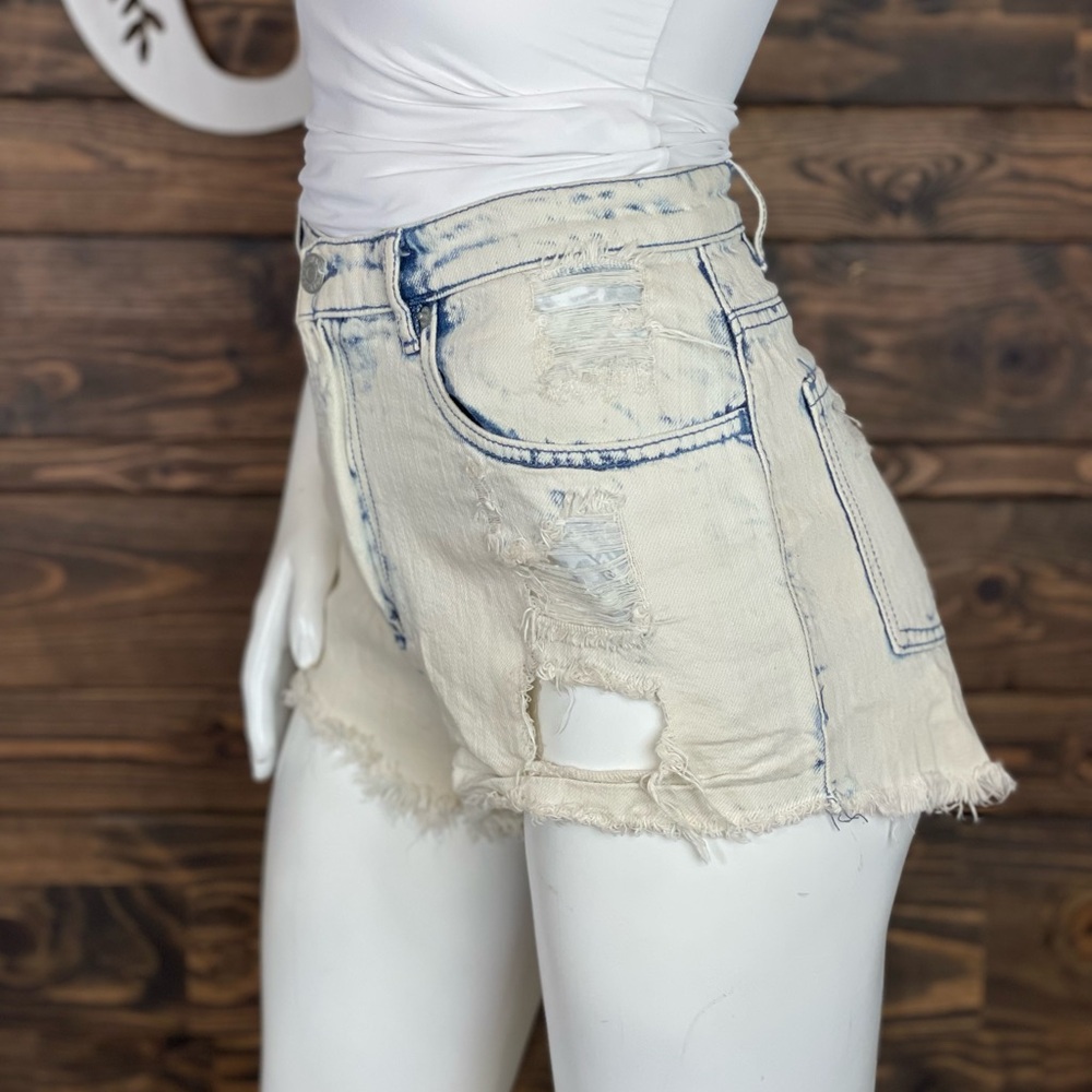 Garage | Antique White Denim Jean Shorts Distressed Frayed Raw‎ Edges High Waist